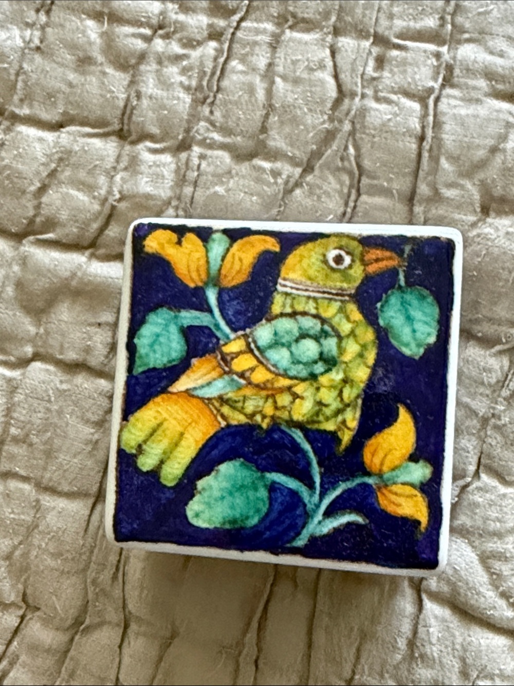 Ceramic box 3” by 3” bird motif blue yellow turquoise